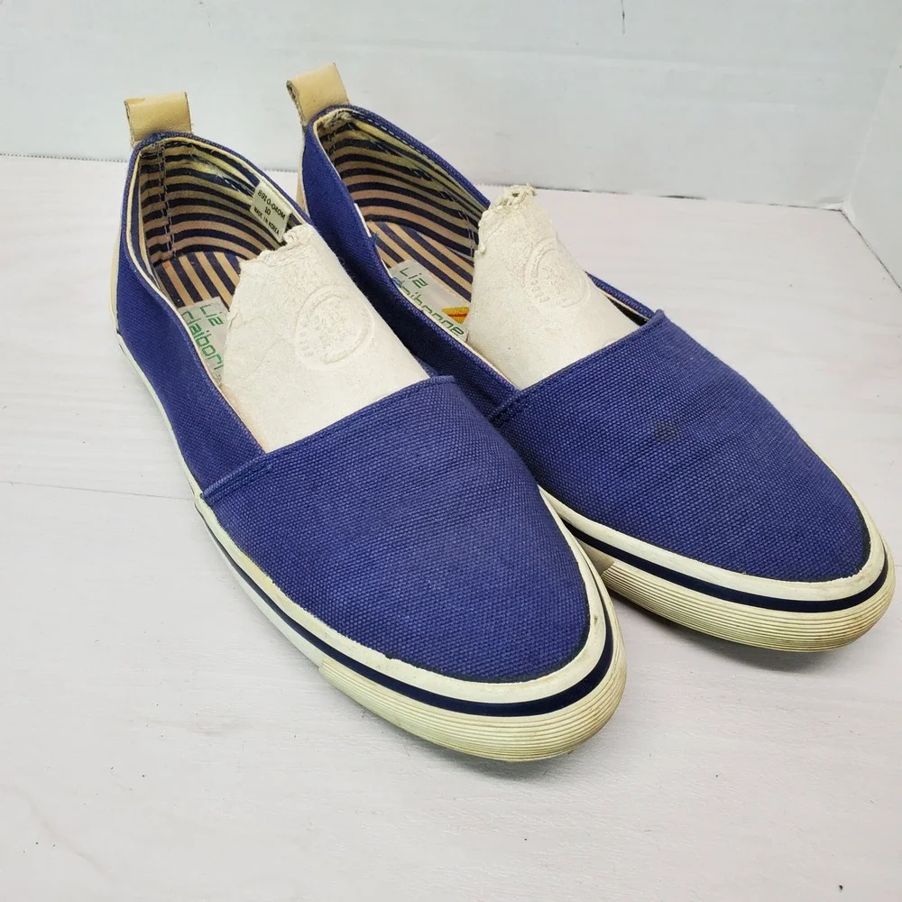 Liz Claiborne Casual Canvas Slip On‎ Sneakers Shoes Blue White Stripe Size 10